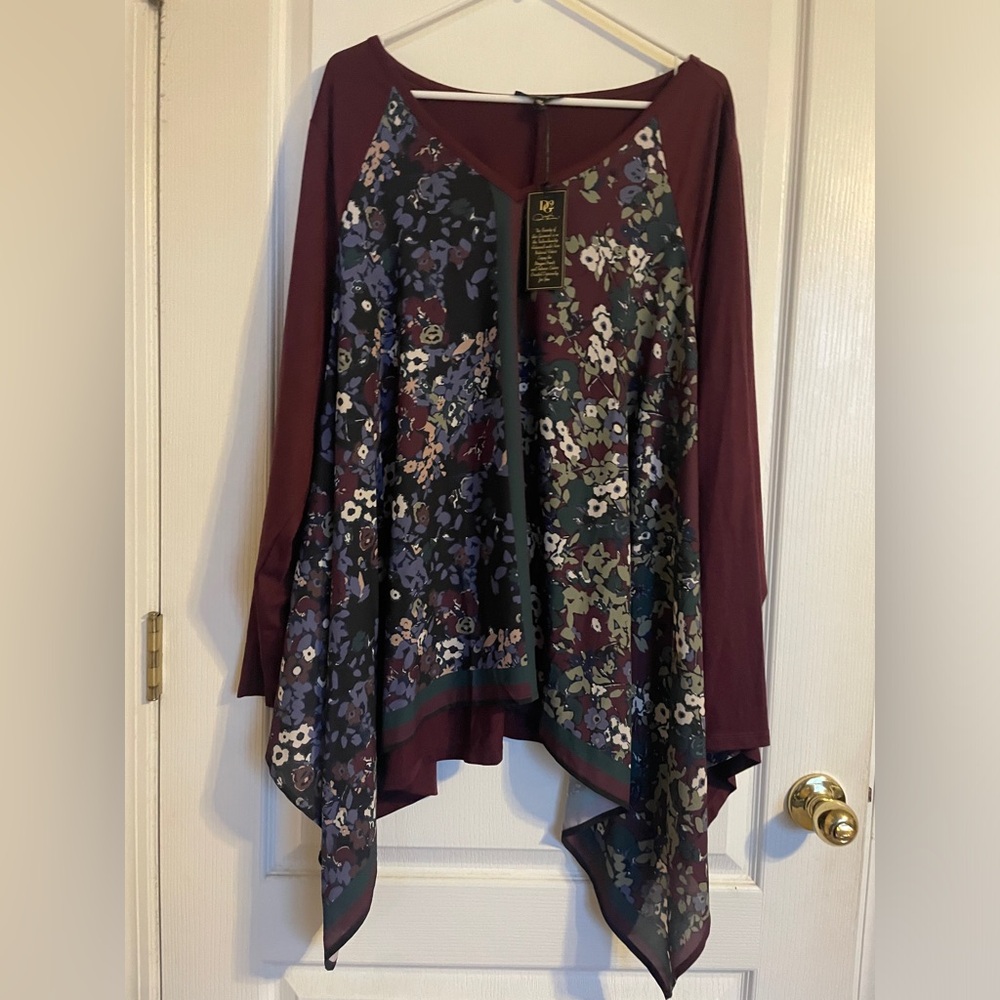 NWT DG2 by Diane Gilman Floral Tunic in Burgundy and Black 3X Boho Career Chic